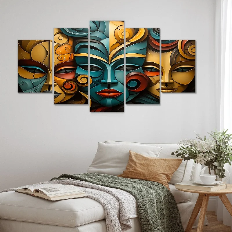 Oversized rugs for open spaces-Designart "China Yellow And Blue Opera Masks III" China Art Set Of 5 - Global Oversized Canvas Art For Bedroom Decor