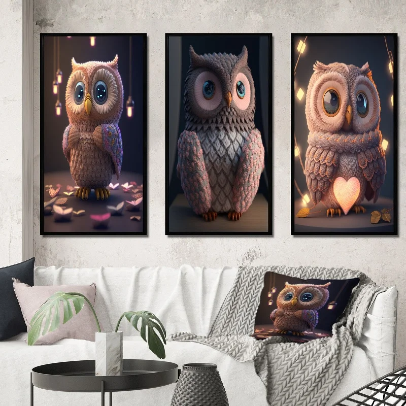 Elegant glass candle holders-Designart "Cute Litte Knitted Pink Heart Owl IV" Animals Owl Framed Wall Art Set Of 3 - Children's Art For Office Decor