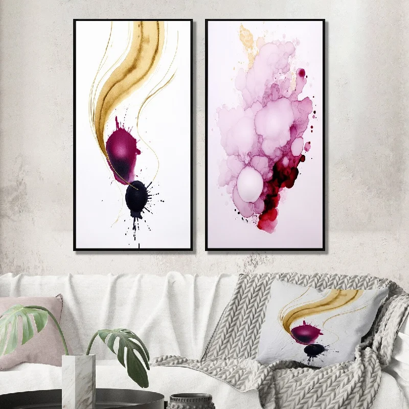 Stylish hanging planters for indoors-Designart "Exquisite Fluidity Magenta Ink Clouds I" Abstract Painting Framed Wall Art Canvas Set For Living Room Decor