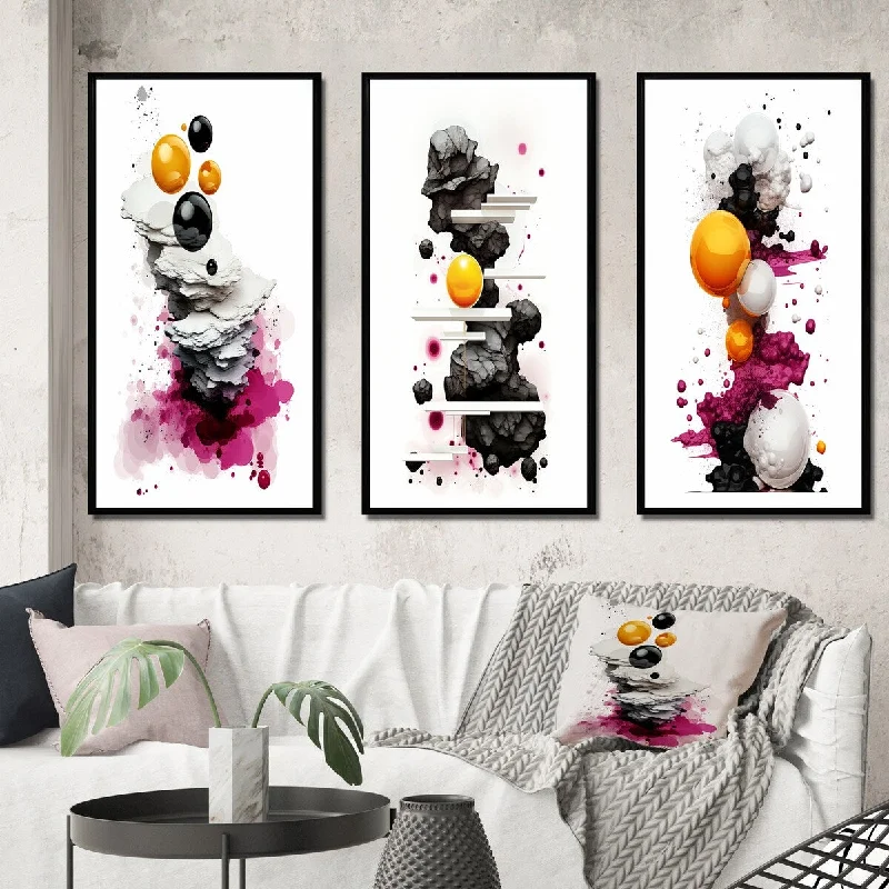 Foldable room dividers for privacy-Designart "Exquisite Fluidity Magenta Ink Clouds III" Abstract Painting Frame Gallery Set Of 3 For Office Decor