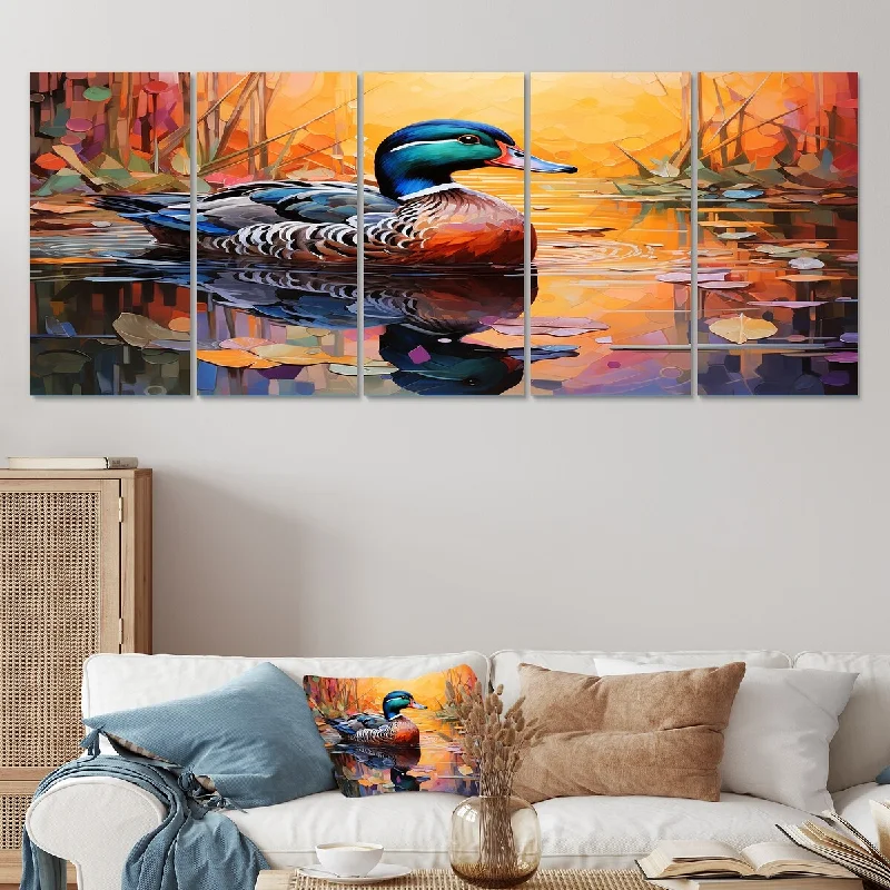 Vintage brass candlesticks-Designart "Fauvist Duck Pond I" Blue Duck Set Of 5 - Modern Farmhouse Oversized Canvas Art For Bedroom Decor