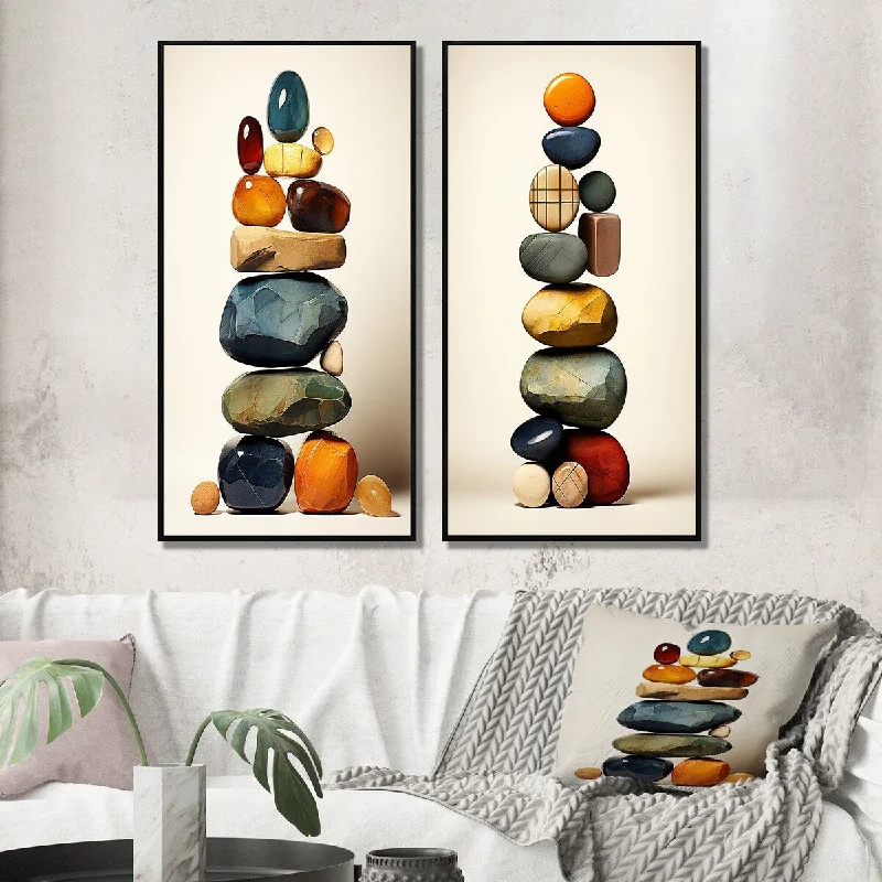 Multi-purpose wooden trays-Designart "Finding Balance Rock Balancing Cairn Sculpture II" Spiritual Stone Framed Art Set Of 2 For Living Room Decor