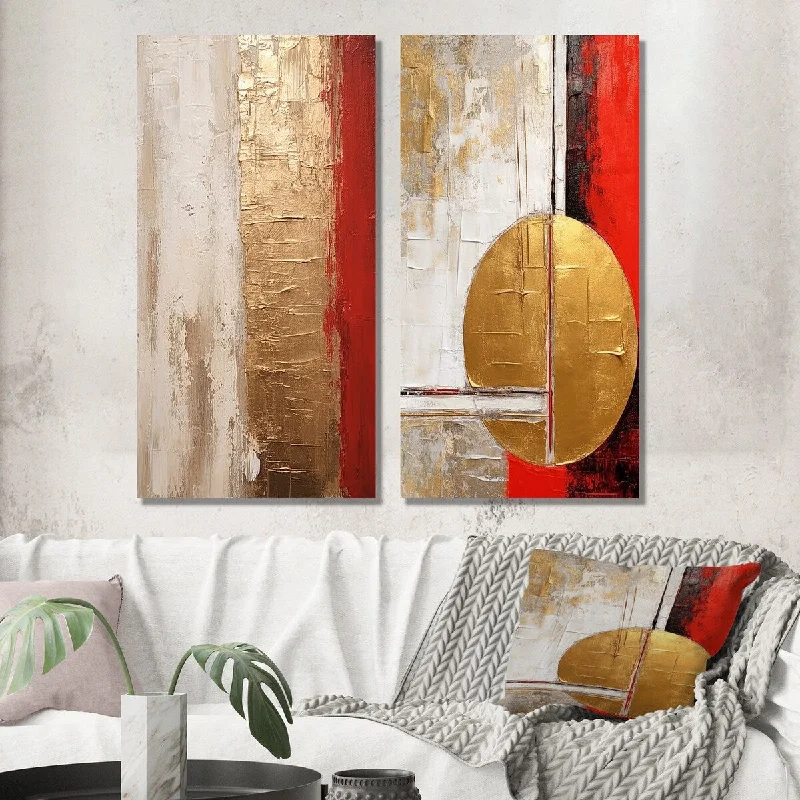 Retro-style wall art for kitchens-Designart "Full Moon Redemption Abstract Gold And Red I" Abstract Wall Art Set of 2 - Modern Wall Art For Home Decor