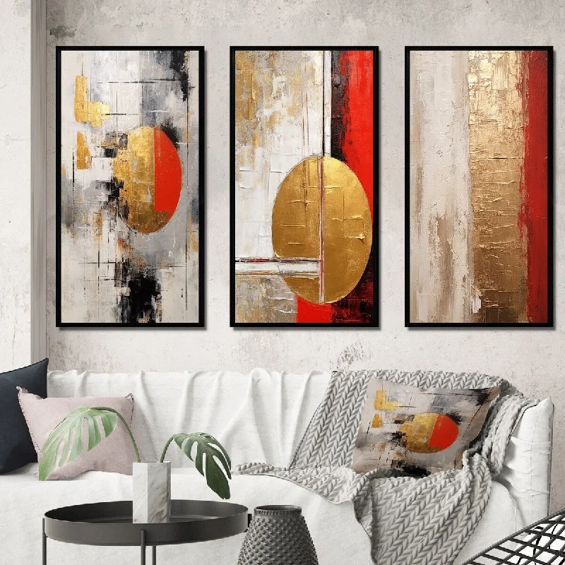 Soft fabric wall panels-Designart "Full Moon Redemption Abstract Gold And Red II" Abstract Painting Frame Gallery Wall Set Of 3 For Home Decor