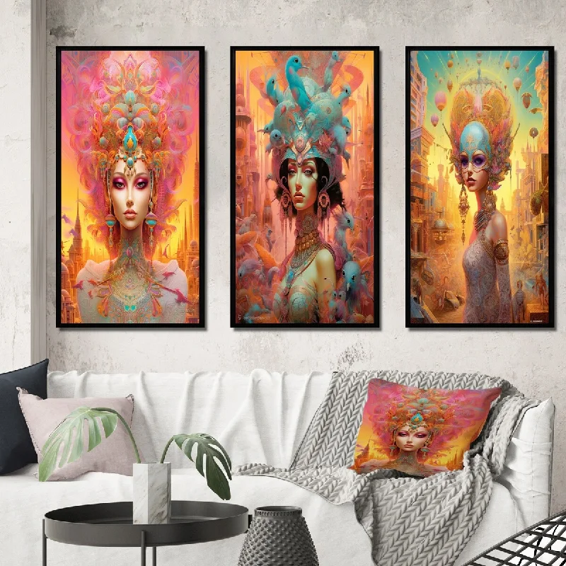 Designer planters with drainage-Designart "Glorious Goddess In Dreamy Pastels II" Fashion Woman Framed Wall Art Set Of 3 - Glam For Office Decor