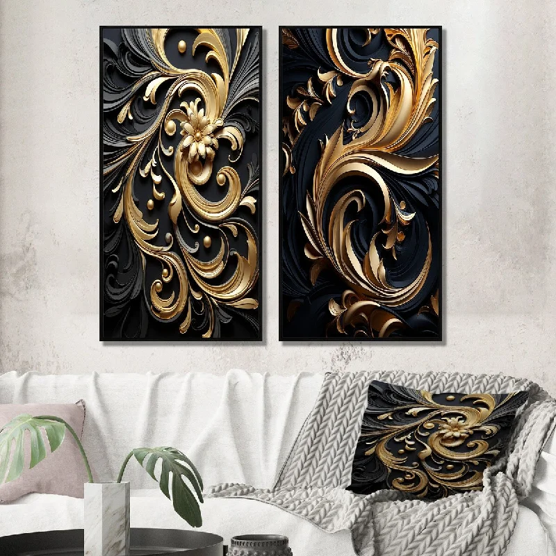 Elegant velvet pillows for sofas-Designart "Golden Ornament Pattern On Black III" Abstract Spirals Framed Wall Art Set Of 2 Wall Art Set Of 2