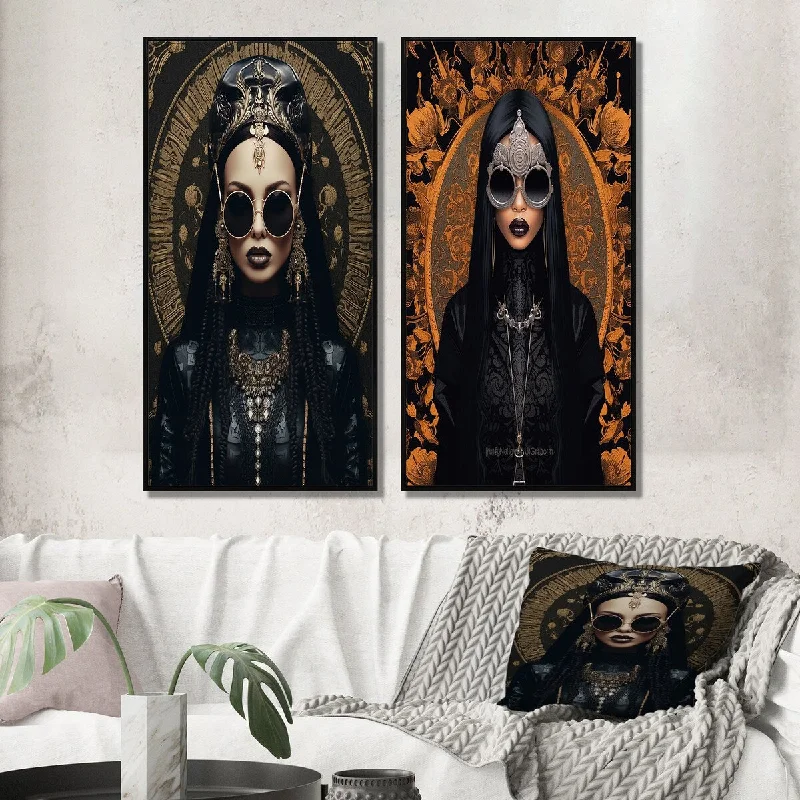 Large decorative mirrors for entryways-Designart "Gothic Glam Woman With Dark Sunglasses III" Fashion Woman Framed Wall Art Set Of 2 - Glam Wall Art Set Of 2