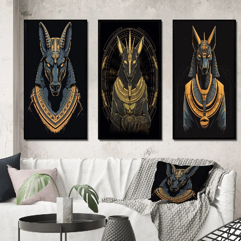 Designer glass lanterns for patios-Designart "Graphic Anubis Ancient Egyption Jackal God III" Egyptian Woman Frame Gallery Set Of 3 For Office Decor