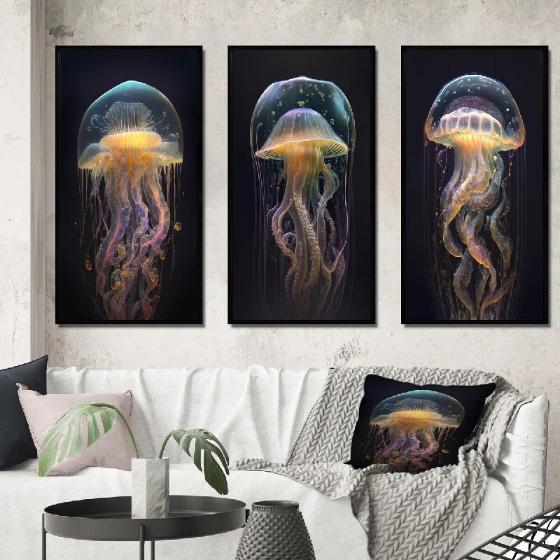 Compact table lamps for desks-Designart "Jellyfish I" Animals Framed Wall Art Set Of 3 - Children's Art Frame Gallery Wall Set For Home Decor