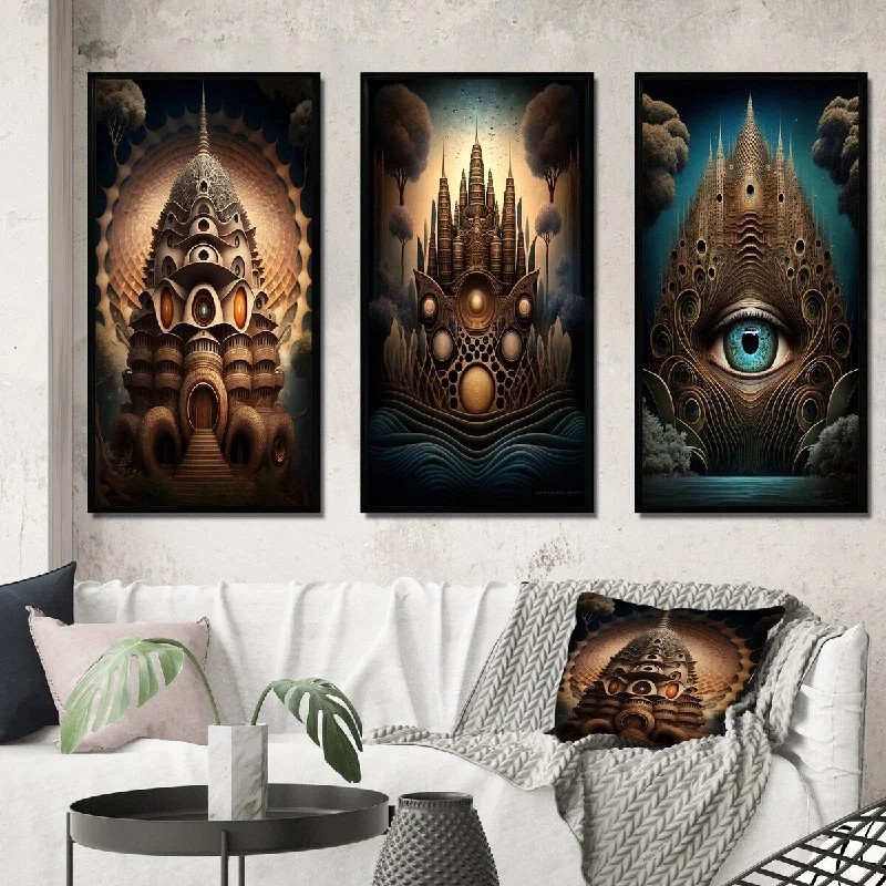 Soft fabric wall panels-Designart "Mystical Temple Of Ancient Consciousness III" Abstract Landscape Frame Gallery Set Of 3 For Office Decor