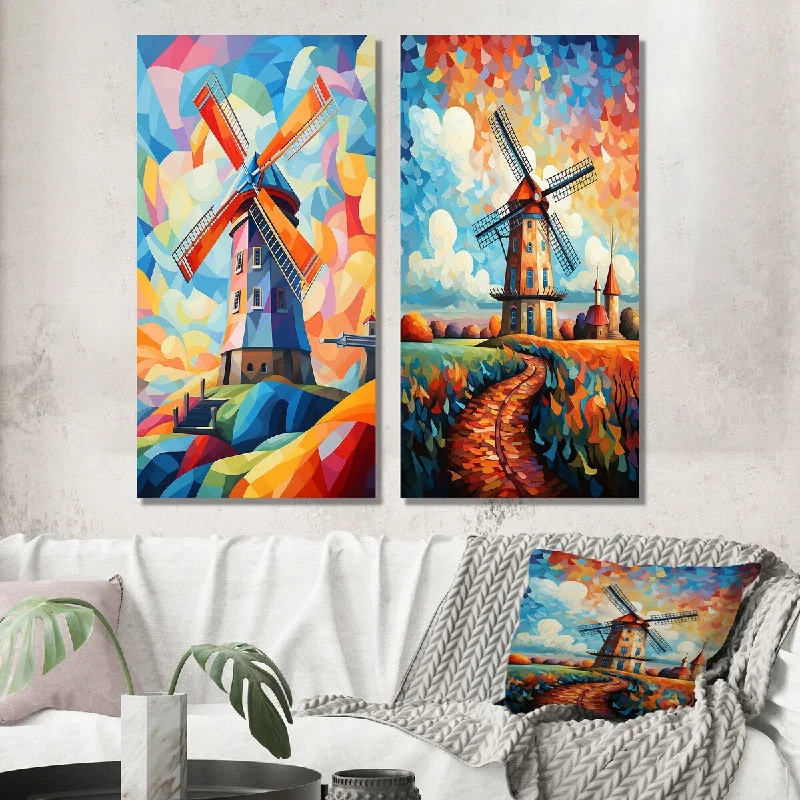 Trendy macrame wall hangings-Designart "Neo-Fauvist Wind Mill In Colorful Countryside I" Wind Turbines Wall Art Set of 2 Industrial Living Room Decor