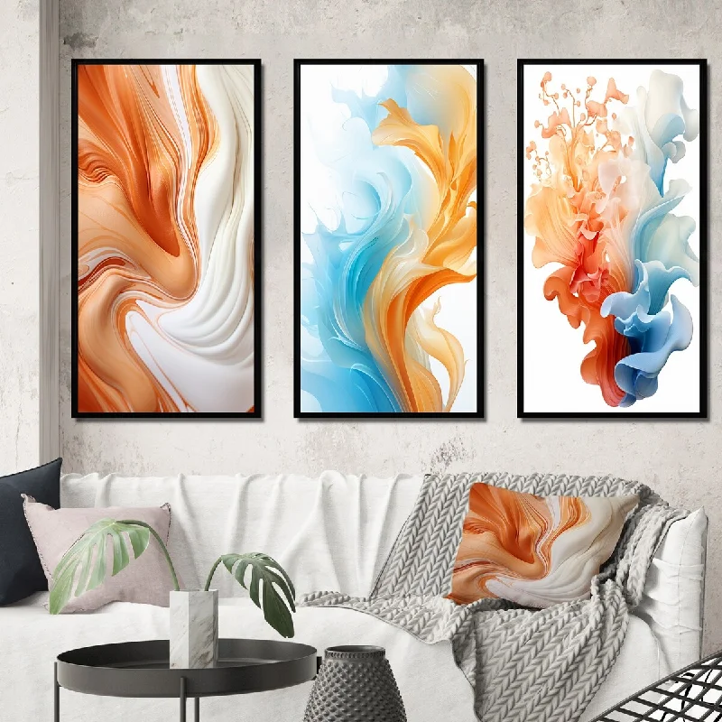 Casual cotton throws for living rooms-Designart "Orange And White Paint Waves" Abstract Liquid Ink Framed Wall Art Set Of 3 - Modern For Office Decor