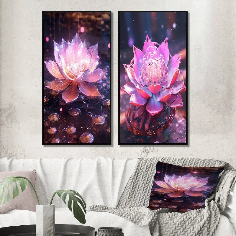 Designer ceramic planters with stands-Designart "Radiant Pink Blossoming Lotus Luminescent IV" Lotus Wall Art Décor - Modern Canvas Set For Living Room Decor