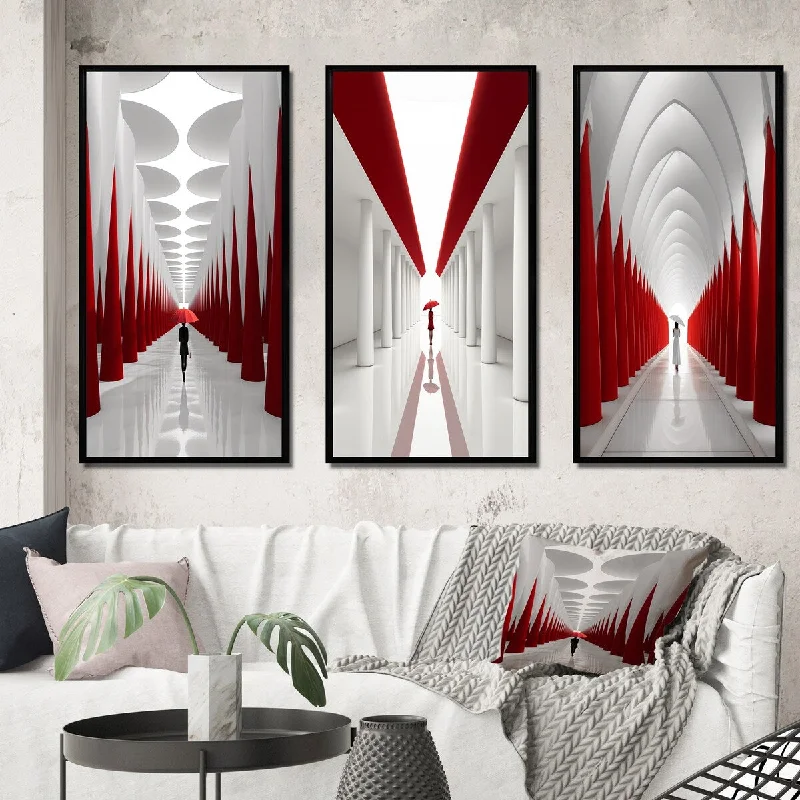 Large woven baskets for storage-Designart "red white path to the dream I" Abstract Landscape Framed Wall Art Set Of 3 - Modern For Office Decor