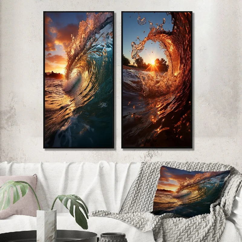 Large decorative mirrors for entryways-Designart "Sunshine In Breaking Waves Nature Photography II" Coastal Waves Wall Art Décor Gallery Set For Home Decor