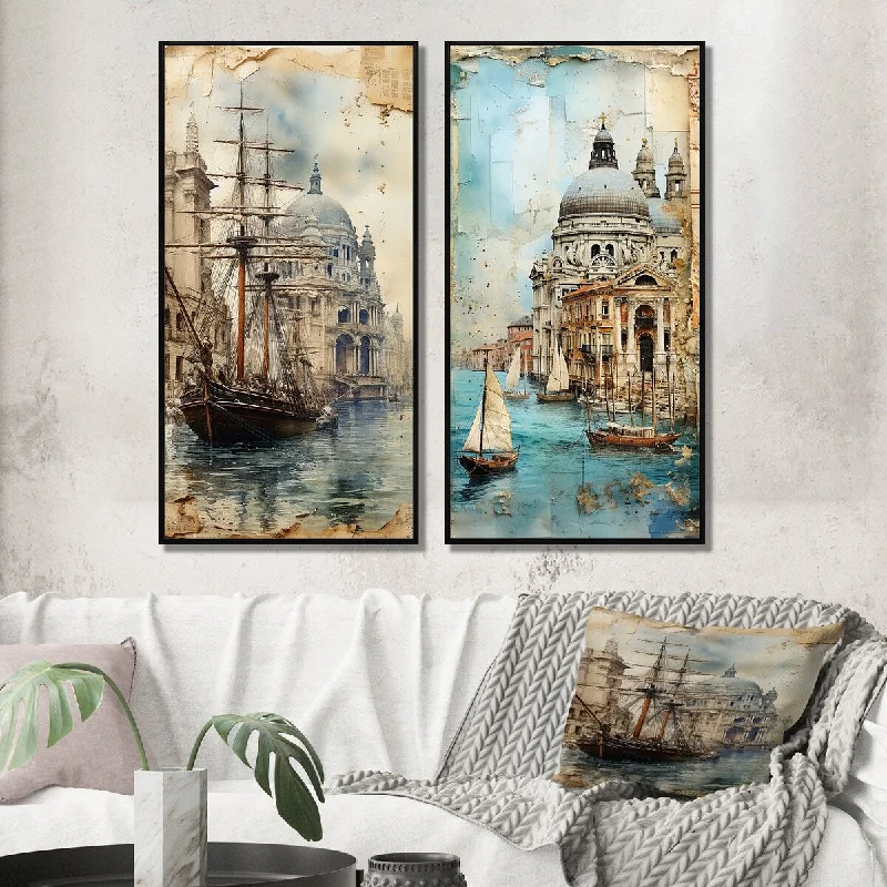 Compact table lamps for desks-Designart "Venice Distant Memories Journal Collage VI" Venice Framed Wall Art Set Of 2 Canvas Set For Living Room Decor