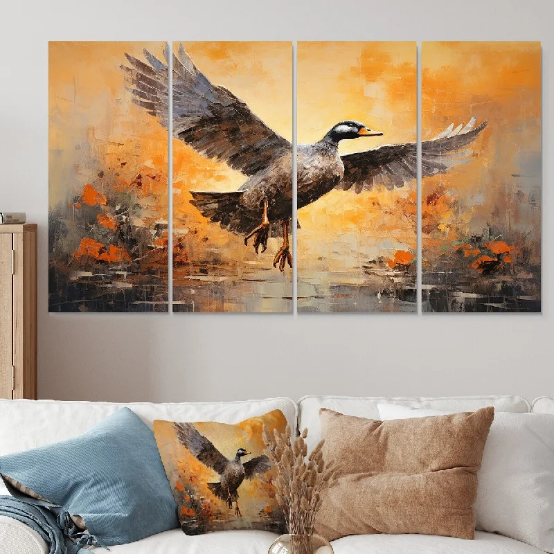 Reusable fabric wall hangings-Designart "Vintage Duck Flight At The Pond III" Duck Extra Large Canvas Set Of 4 - Oversized Modern Farmhouse Wall Art