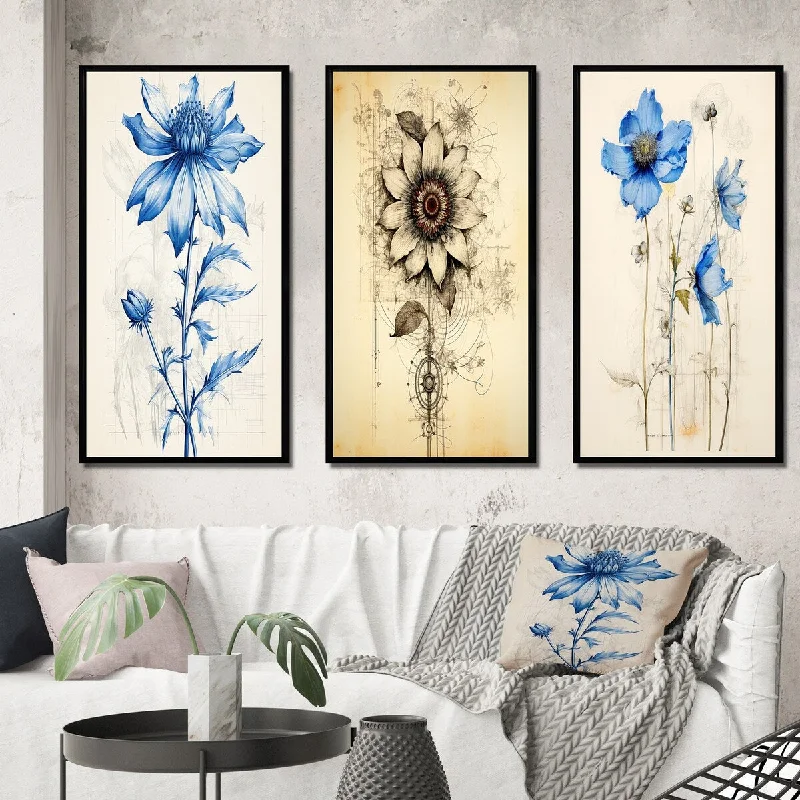 Boho-style throw blankets for couches-Designart "Vintage Illustration Of Blue Daisy Flower III" Daisy Framed Wall Art Set Of 3 - Traditional For Office Decor