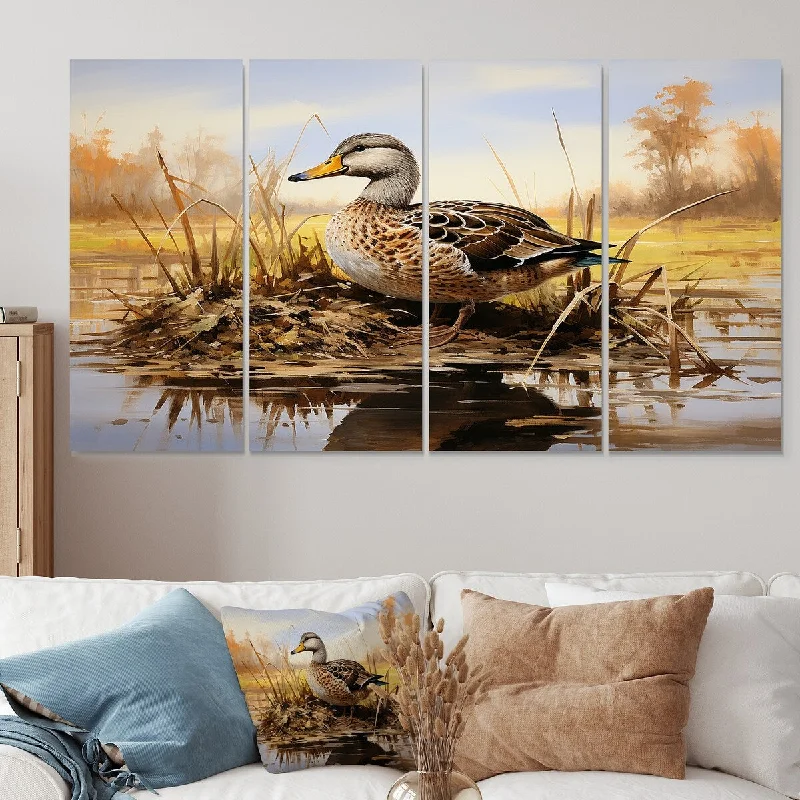 Affordable throw cushions for chairs-Designart "Waddling Duck In The Countryside I" Duck Extra Large Canvas Set Of 4 - Oversized Modern Farmhouse Wall Art