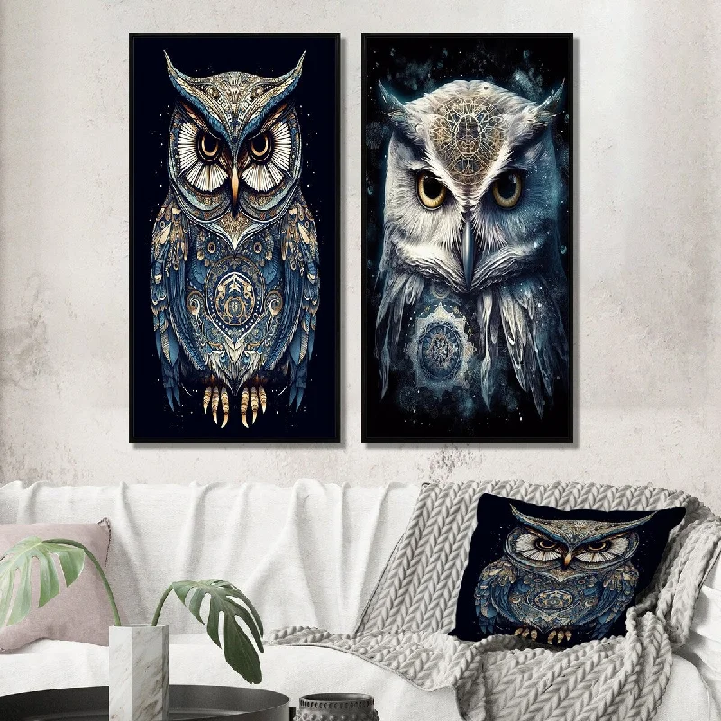 Soft-touch woven throws-Designart "White Owl Magic" Animals Owl Framed Wall Art Set Of 2 - Children's Art Gallery Wall Set For Home Decor