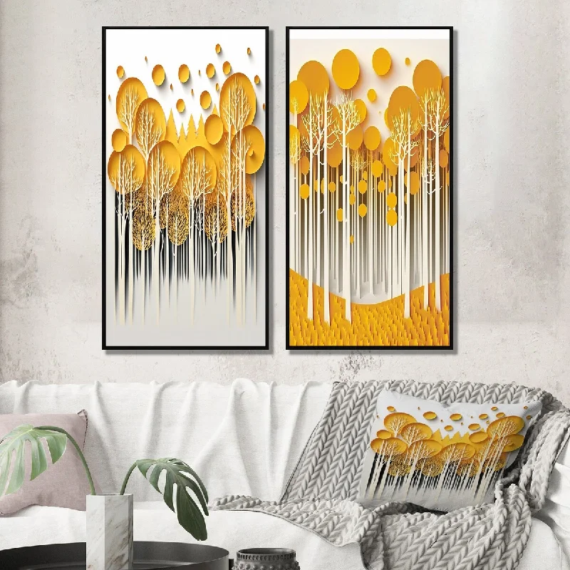 Casual fabric curtains for kids-Designart "Yellow Trees In The Forest Quill Minimalism I" Landscape Trees Wall Art Décor Gallery Wall Set For Home Decor