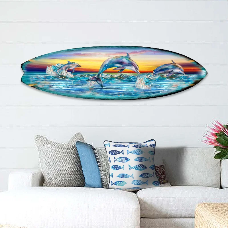 Colorful throw pillows for kids-Dolphin's Dance Surfboard Coastal Wall Art by G. DeBrekht - Coastal Holiday Décor - 8490122HS