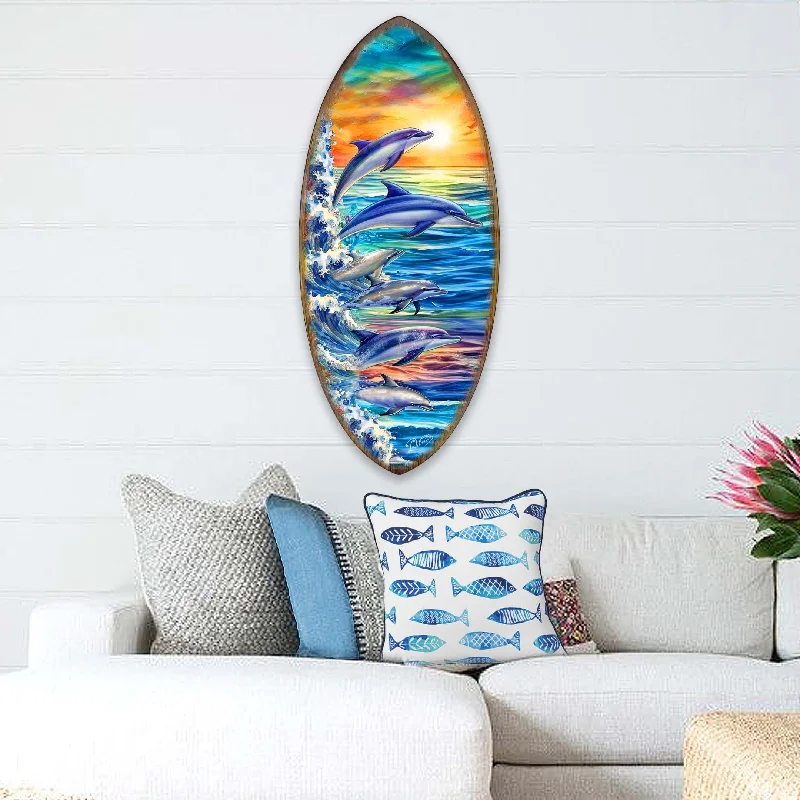 Designer glass lanterns for patios-Dolphins Surfboard Coastal Wall Art by G. DeBrekht - Coastal Holiday Décor - 8490129HS