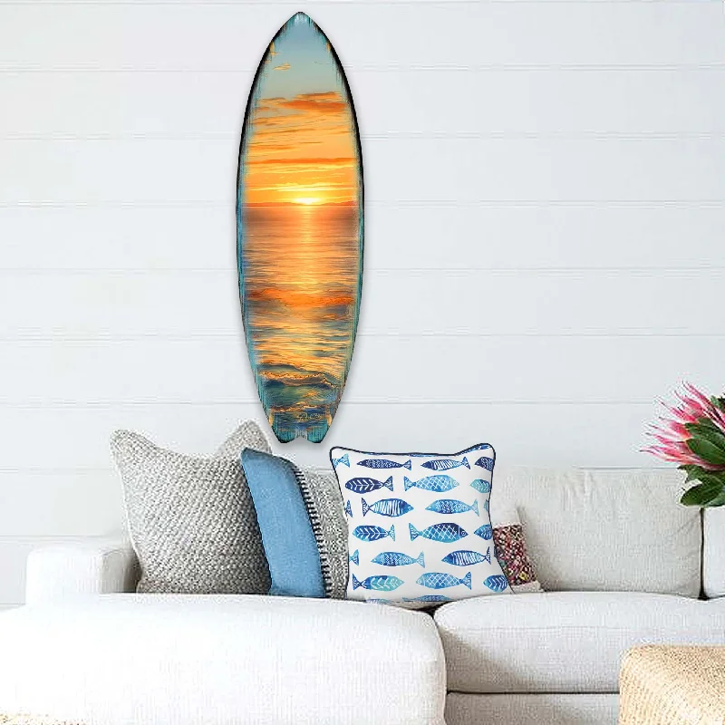 Lightweight decorative trays for coffee tables-Golden Waves Surfboard Coastal Wall Art by G. DeBrekht - Coastal Holiday Décor - 8490134HS