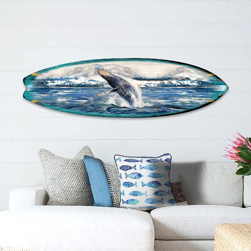 Designer decor with bold patterns-Humpback Harmony Surfboard Coastal Wall Art by G. DeBrekht - Coastal Holiday Décor - 8490119HS