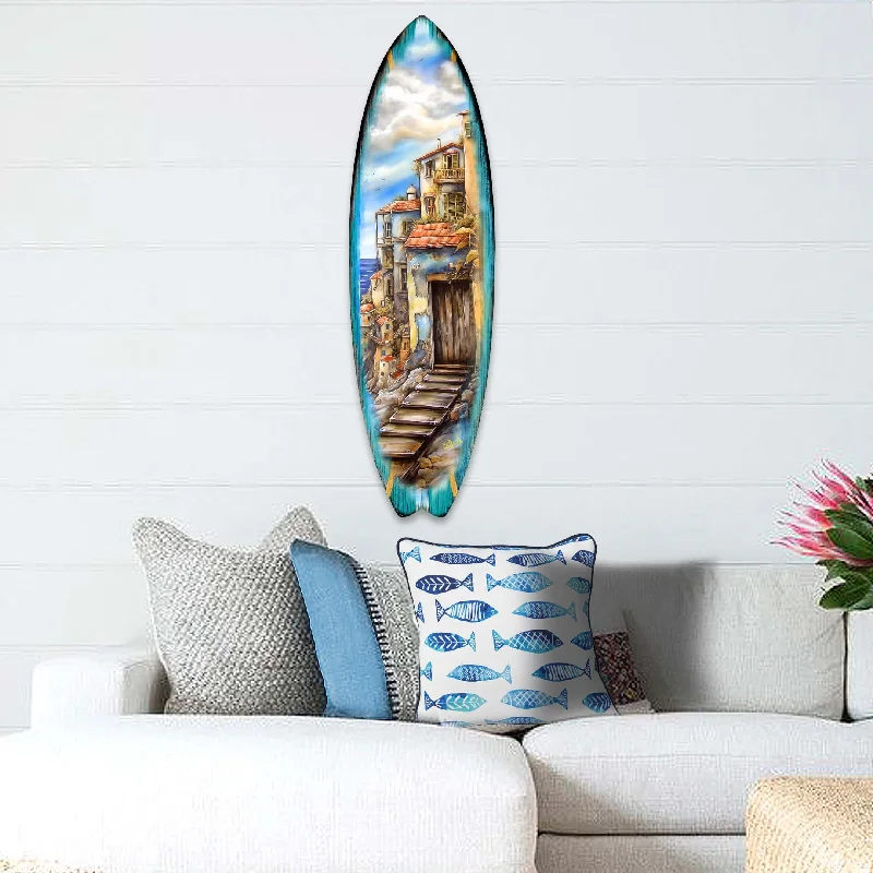 Stackable storage baskets for organization-Mediterranean Seaside Surfboard Coastal Wall Art by G. DeBrekht - Coastal Holiday Décor - 8490118HS