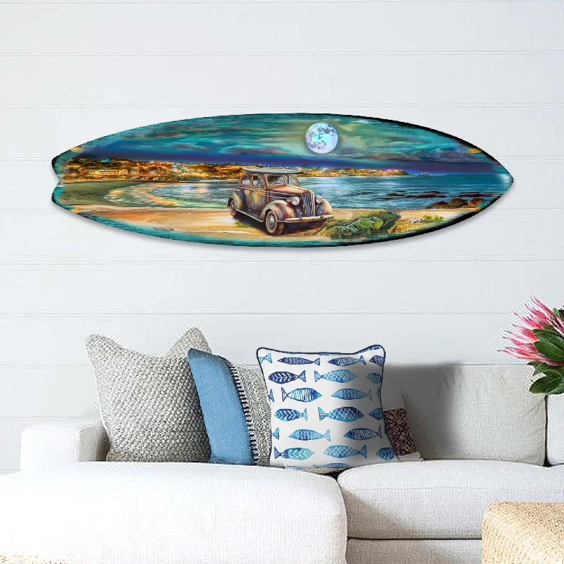 Durable jute rugs for hallways-Night Beach Surfboard Coastal Wall Art by G. DeBrekht - Coastal Holiday Décor - 8490123HS