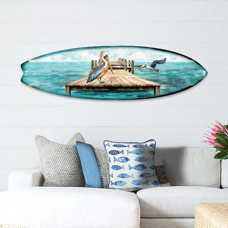 Boho-style ceramic vases-Pelican on the Pier Surfboard Coastal Wall Art by G. DeBrekht - Coastal Holiday Décor - 8490127HS