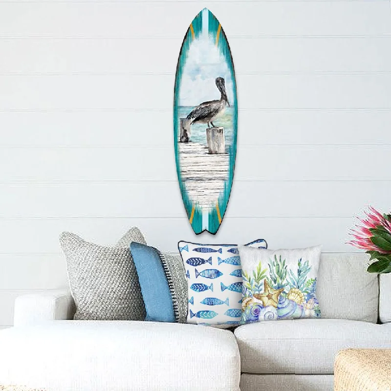 Designer wall art for living rooms-Pelican Surfboard Coastal Door Art by G. DeBrekht - Coastal Sea-Life Décor - 8490107HS