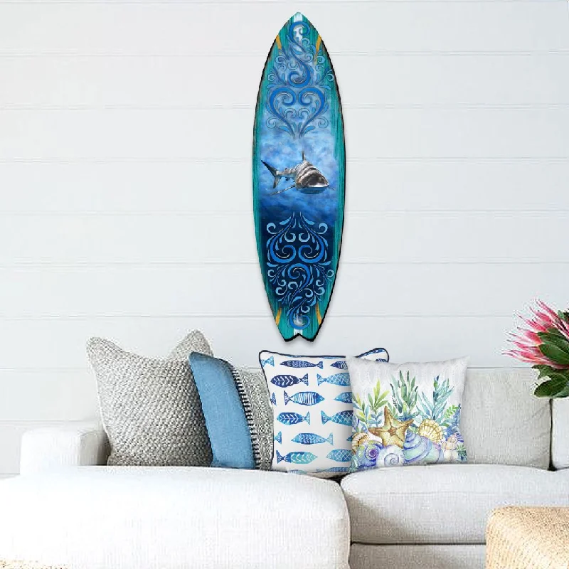 Small ceramic figurines for shelves-Shark Surfboard Coastal Door Art by G. DeBrekht - Coastal Sea-Life Décor - 8490104HS