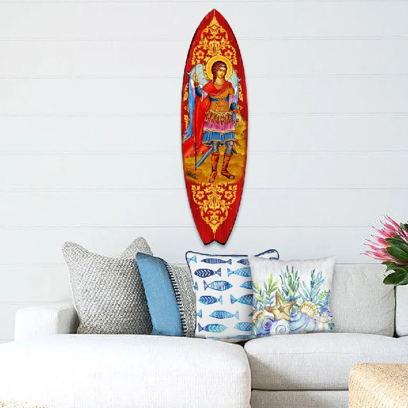 Affordable accent pillows for beds-St. Michael Surfboard Coastal Door Art by G. DeBrekht - Coastal Sea-Life Décor - 8490105HS