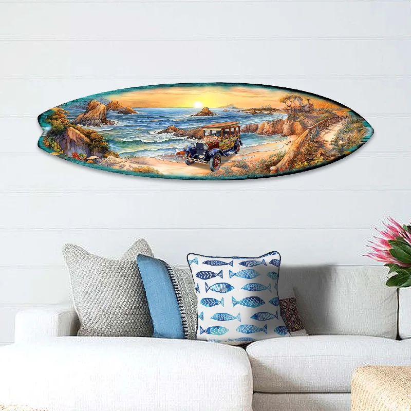 Elegant glass candle holders-Sunrise at the Beach Surfboard Coastal Wall Art by G. DeBrekht - Coastal Holiday Décor - 8490124HS