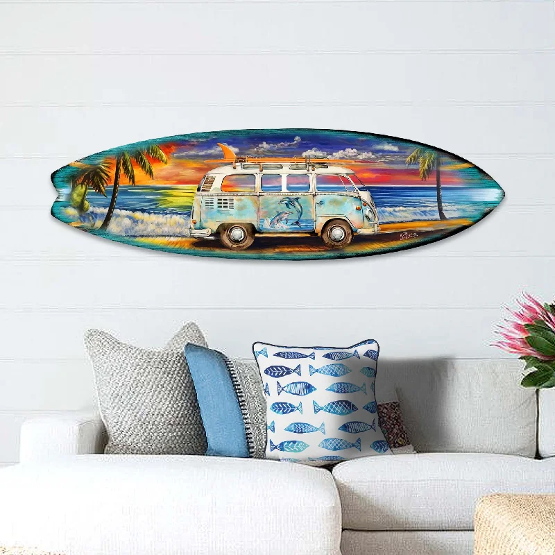 Casual fabric curtains for kids-Surf Van at the Beach Surfboard Coastal Wall Art by G. DeBrekht - Coastal Holiday Décor - 8490120HS