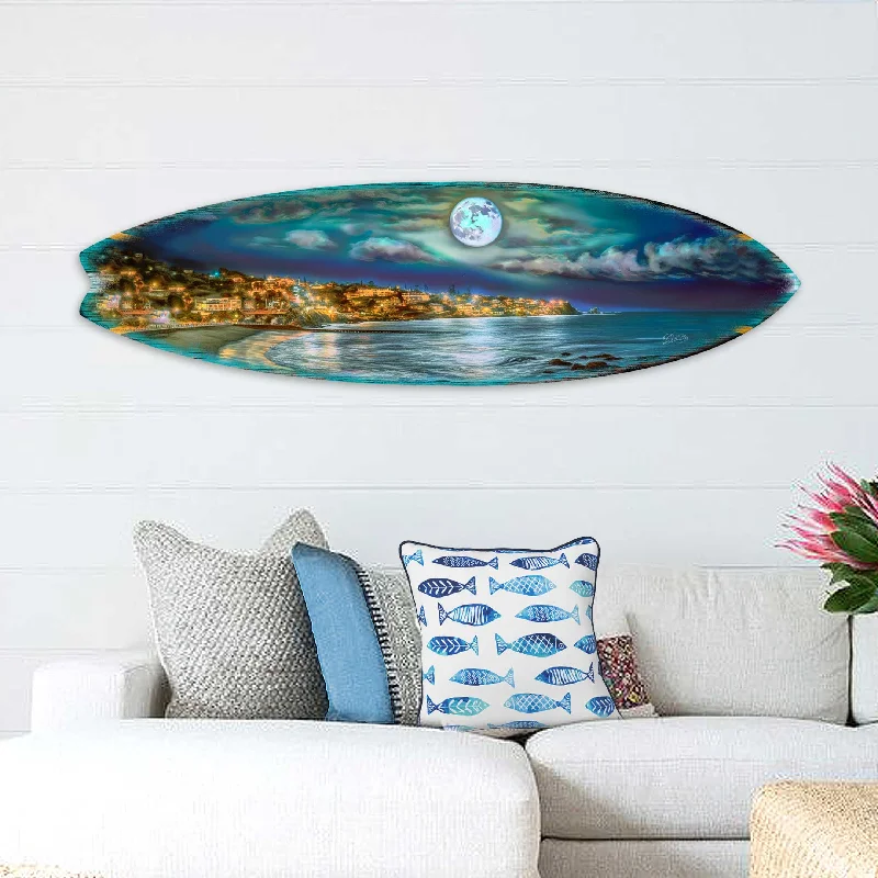 Stylish hanging planters for indoors-Surfboard Coastal Wall Art - Fool Moon Night Wall Art by G. DeBrekht - Coastal Holiday Décor - 8490137HS