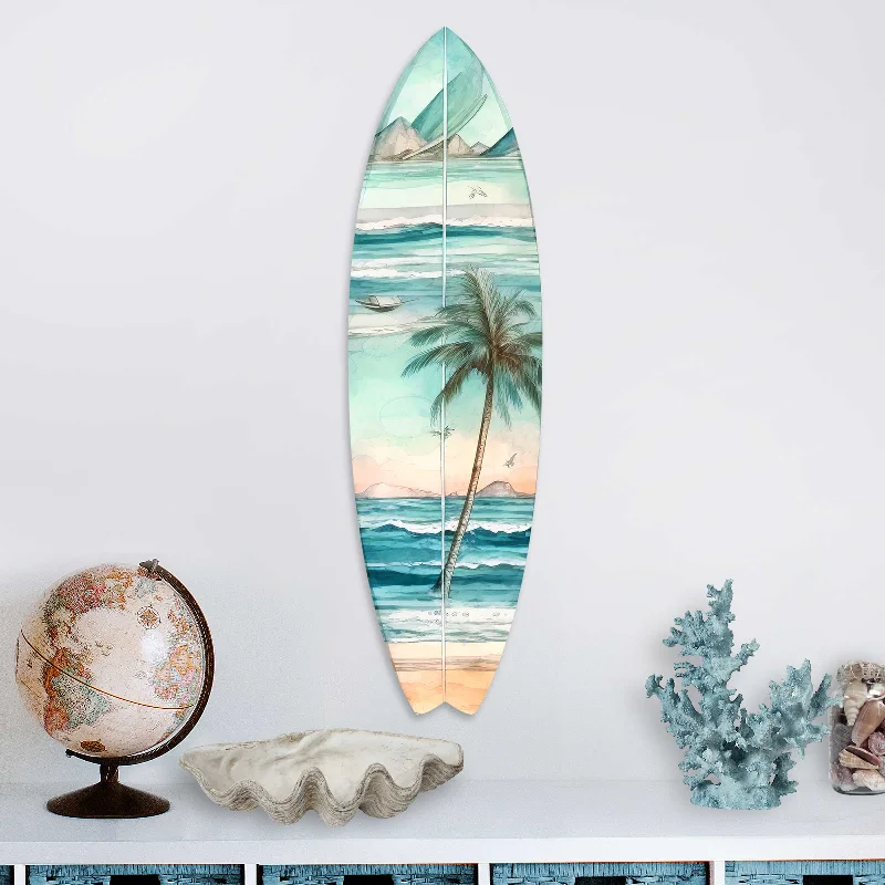 Vintage-inspired metal decor-Tropical Palm Surfboard Coastal Wall Art by G. DeBrekht - Coastal Holiday Décor - 8490112HS