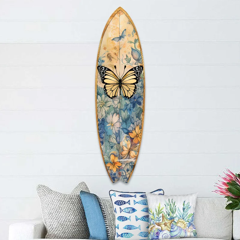 Elegant crystal chandeliers for dining-Yellow Monarch Butterfly Surfboard Coastal Wall Art by G. DeBrekht - Coastal Holiday Décor - 8490109HS