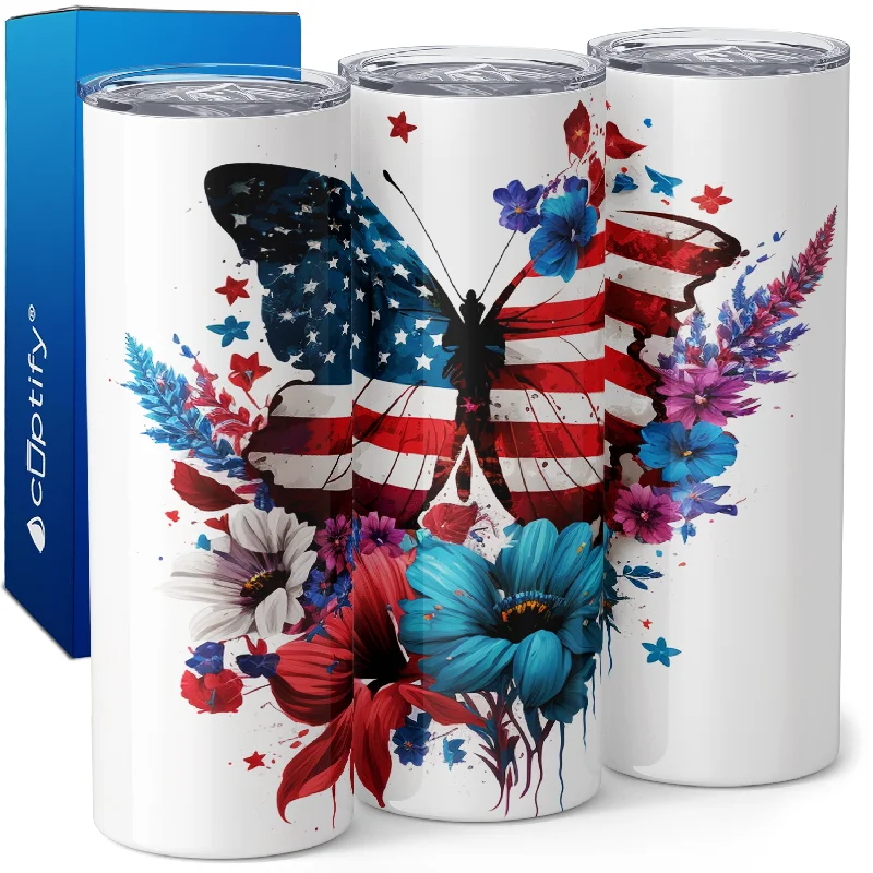 Luxury glass cups with gold rims-American Butterflies with Flowers 20oz Skinny Tumbler