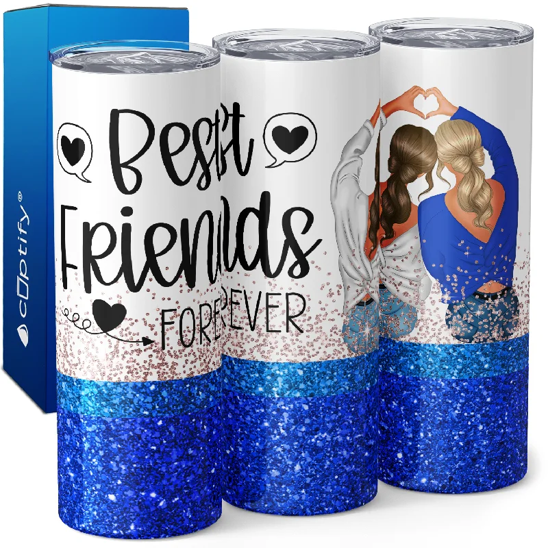 Reusable silicone cups for parties-Best Friends Forever on Blue Glitter 20oz Skinny Tumbler