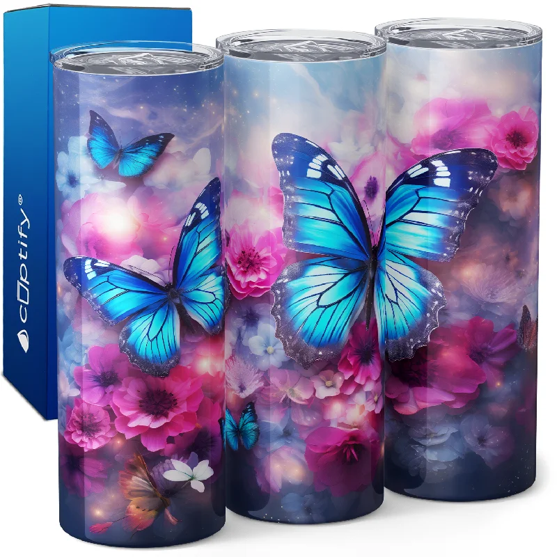 Reusable silicone cups for parties-Blue Butterflies with Flowers 20oz Skinny Tumbler