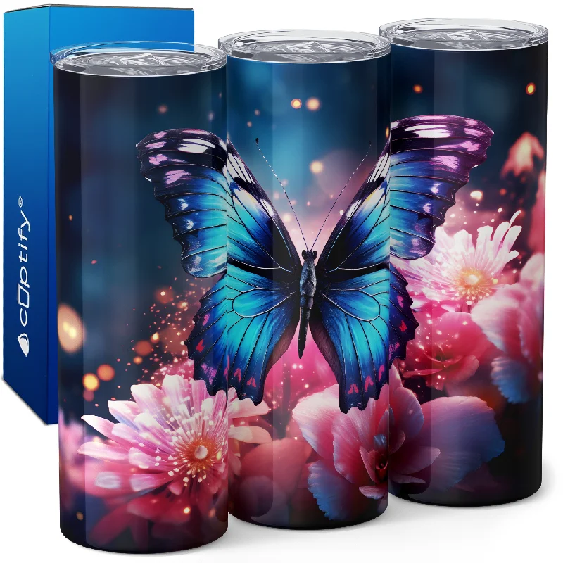 Bright colored tumblers for summer-Blue Butterfly with Flower 20oz Skinny Tumbler