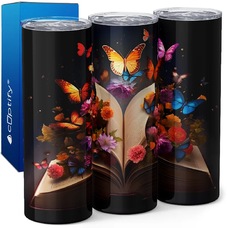 High-quality porcelain tumblers-Book with Butterfly and Flowers 20oz Skinny Tumbler