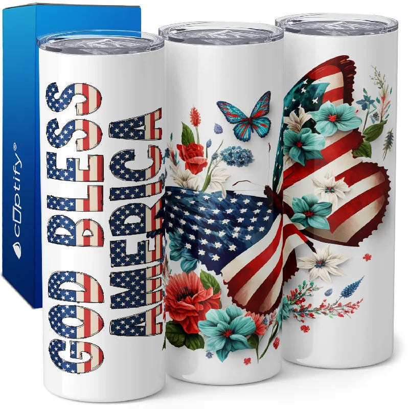 Elegant porcelain mugs for tea-Butterfly God Bless America 20oz Skinny Tumbler