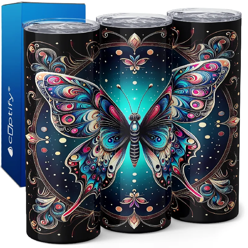 Casual glass tumblers for daily use-Butterfly Pink and Blue 20oz Skinny Tumbler