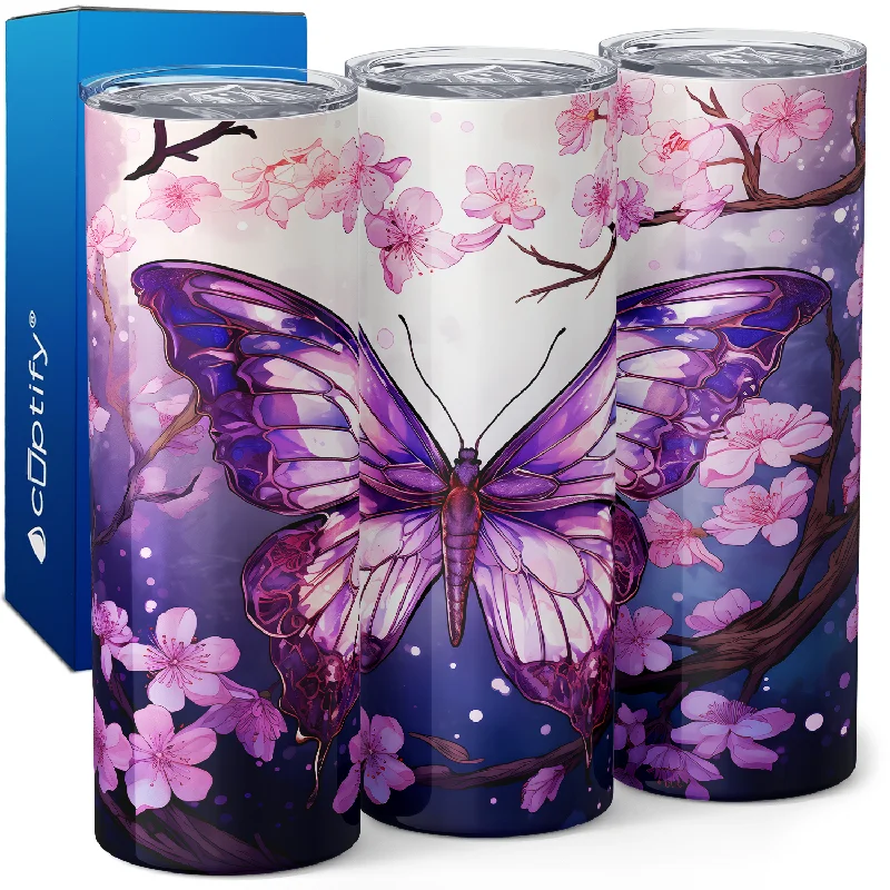 High-quality glass cups for juice-Butterfly Sakura Tree 20oz Skinny Tumbler