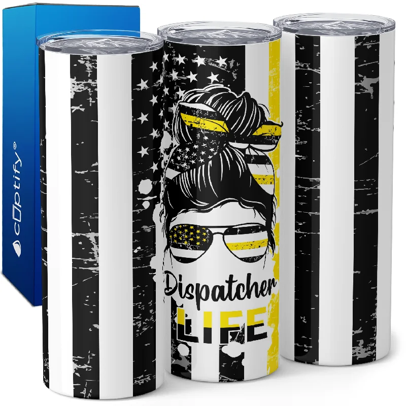 Elegant insulated cups for tea-Dispatcher life messy bun on Thin Gold line Flag 20oz Skinny Tumbler