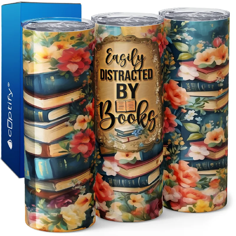 Designer ceramic tumblers for coffee-Easily Distracted by Books 20oz Skinny Tumbler